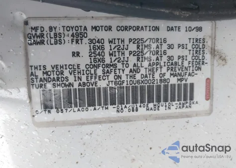 1999 Lexus Rx 300 from USA, damaged, VIN JT6GF10U6X0021880